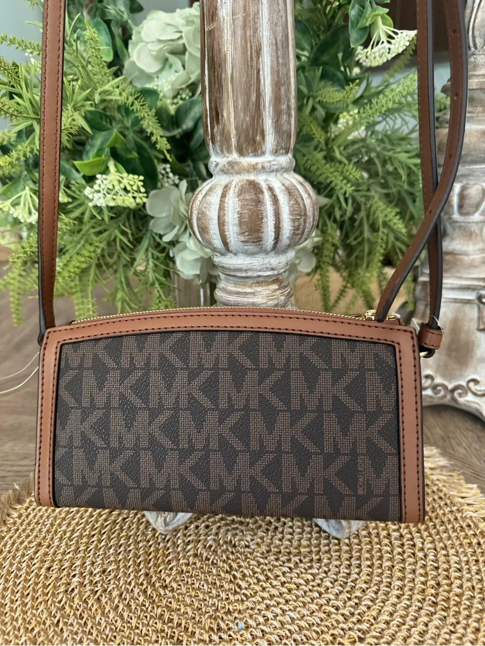 Michael Kors Brown Logo Crossbody Bag with Tan Trim
